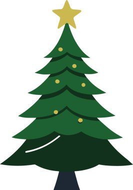 Koyu yeşil bir Noel ağacının altın yıldızlı basit bir çizimi.