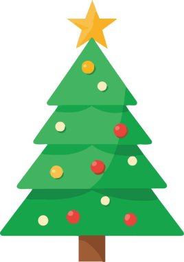 Rengarenk süsler ve bir yıldızla süslenmiş basit bir yeşil noel ağacı.