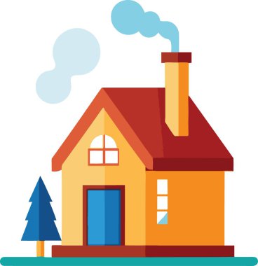 Kırmızı çatılı ve bacası tüten güzel resimli bir ev.