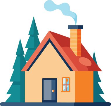 Daimi yeşil ağaçların arasına kurulmuş, bacadan yükselen dumanlı bir kulübe.