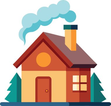 Dumanı tüten bir bacası ve ağaçları olan rahat bir evin büyüleyici bir çizimi.