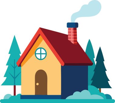 Kırmızı çatılı ve çevreleyen yeşil ağaçları olan büyüleyici resimli bir ev.