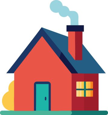 Mavi çatılı ve bacalı basit kırmızı bir evin büyüleyici bir çizimi.