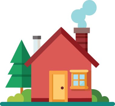 Dumanı tüten bir bacası ve çevreleyen yeşili olan büyüleyici kırmızı bir ev.