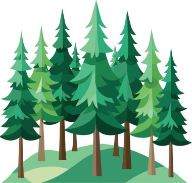 Bir grup yemyeşil kozalaklı ağaç tasvir eden basit bir çizim.