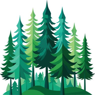 Canlı bir illüstrasyon stilize edilmiş yemyeşil ağaçların yoğun bir grubunu tasvir eder