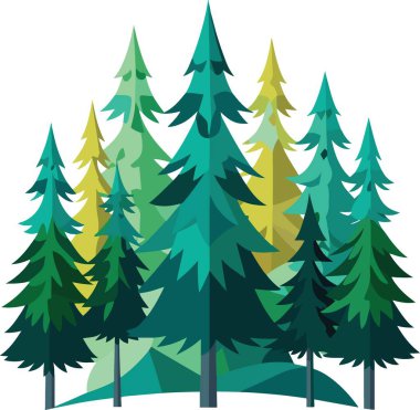 Değişen yeşil ve sarı ağaçları olan sık bir ormanın stilize edilmiş bir çizimi.