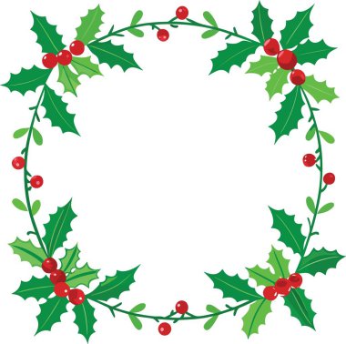 Canlı yeşil kutsal yapraklar ve parlak kırmızı meyvelerden oluşan dairesel bir çelenk.