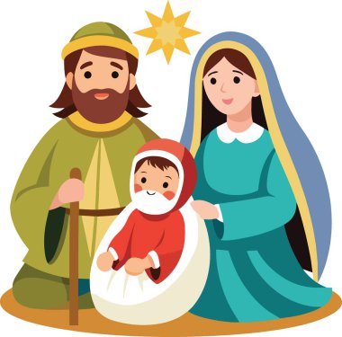 Kutsal aile çizimleri Joseph Mary ve bebek İsa 'yı bir yıldızla resmediyor.