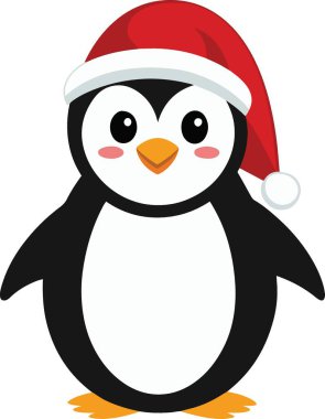 Kırmızı Noel Baba şapkası takan sevimli bir penguen.