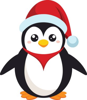 Kırmızı Noel Baba şapkası ve kırmızı eşarp çizimi takan sevimli penguen.
