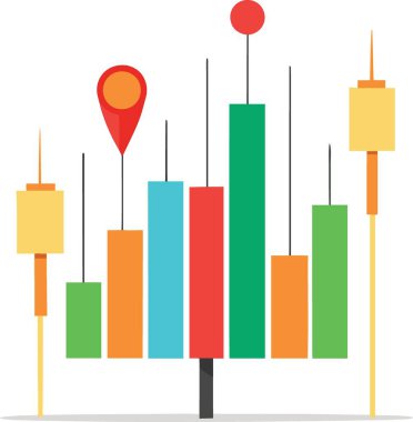 Konum iğneleri ve eğilim ve analizleri temsil eden çubuk grafikleriyle renkli veri görselleştirmesi