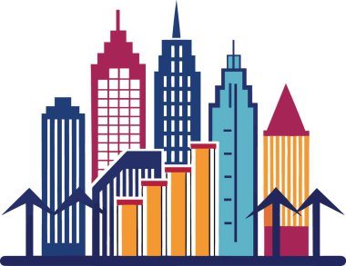 Renkli gökdelenler ve modern mimarinin yer aldığı stilize şehir manzarası çizimi