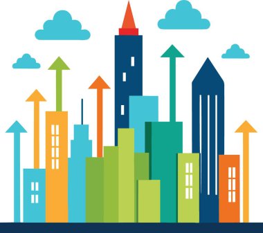 Yükselen okları ve renkli binaları olan canlı bir şehir manzarası çizimi