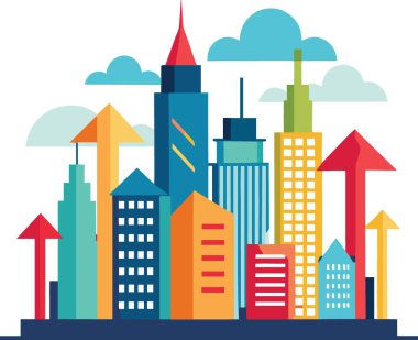 Modern binaların ve yukarı bakan okların yer aldığı renkli şehir manzarası çizimi