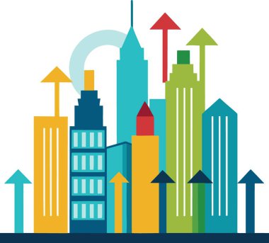 Renkli binalar ve yükselen oklarla modern şehir gökyüzü çizimi