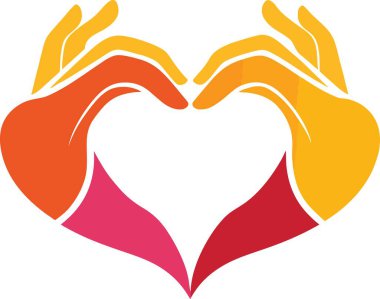 Eller canlı turuncu ve sarı renkte bir kalp şekli oluşturuyor.