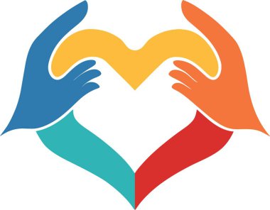 Renkli bir kalp şekli oluşturan eller birliği ve özeni sembolize eder.