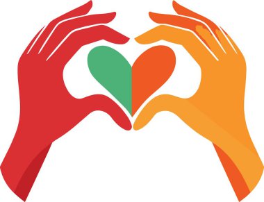 İki el farklı renklerde bir kalp şekli oluşturuyor.