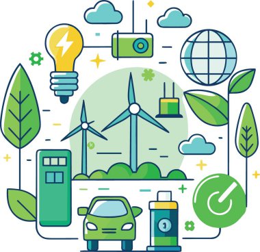 Sürdürülebilir enerji kaynakları ve dairesel tasarımda gösterilen yeşil teknoloji kavramları