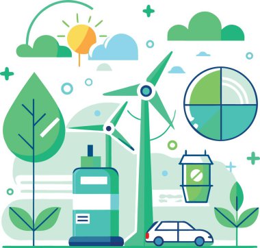 Sürdürülebilir enerji kaynakları ve çevreci koruma canlı yeşil görüntülerle gösterilmiştir