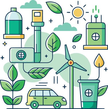 Sürdürülebilir enerji kaynakları ve çevre dostu yaşam biçimi unsurları temiz bir tasarım ile gösterilmiştir