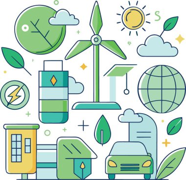 Sürdürülebilir enerji kaynakları rüzgar türbinleri güneş panelleri ve yeşil yapraklarla gösterilmiştir