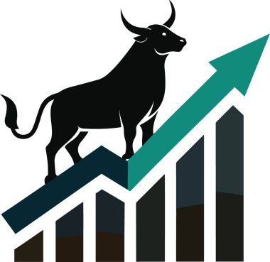 Yükselen bir grafiğin üzerinde duran bir boğa, pazar büyümesini ve başarıyı simgeliyor.