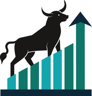 Bir boğa silueti kendinden emin bir şekilde yükselen çubuk grafiklerden oluşan bir merdivene tırmanır.