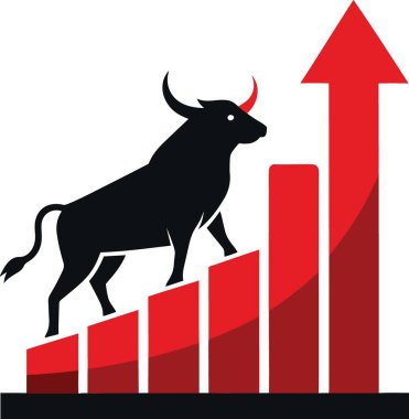 Siyah bir boğa, kırmızı bir finansal büyüme tablosuna doğru ilerliyor.