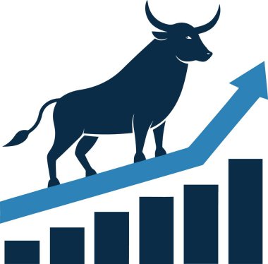 Piyasa büyümesini ve finansal başarıyı temsil eden yükselen bir eğilim okuna binen boğa