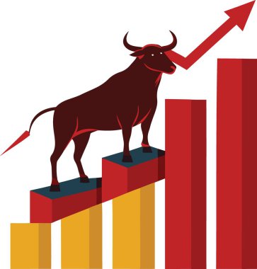 Yükselen çubuk grafiğinin üzerinde duran boğa pazar büyümesini ve yatırımı simgeliyor