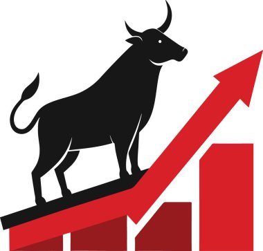 Yükselen grafiğin üzerinde duran boğa piyasa büyümesini ve mali başarıyı temsil ediyor