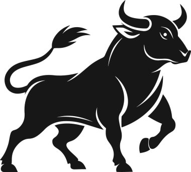 Kavisli boynuzları olan güçlü bir boğanın siyah silüeti.