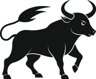 Kavisli boynuzları olan güçlü siyah bir boğanın çarpıcı silüeti.