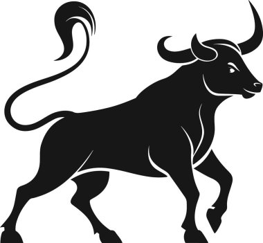 Kavisli boynuzları ve kuyruğu olan güçlü bir boğanın siyah silüeti.