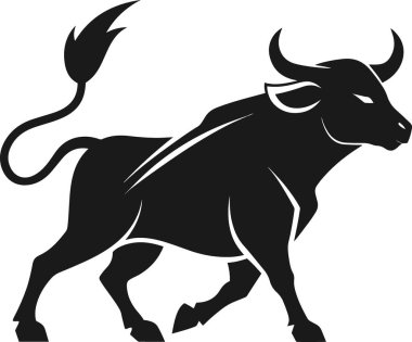 Çarpıcı siyah bir siluet, öne çıkan boynuzları ve kuyruğu olan bir boğa.