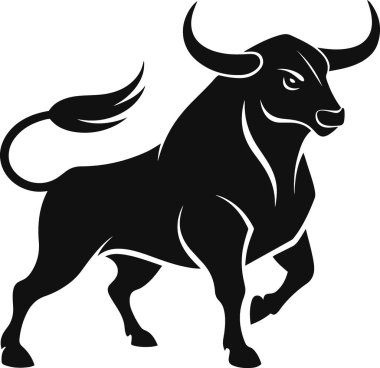 Büyük boynuzları olan güçlü bir boğanın siyah silueti.