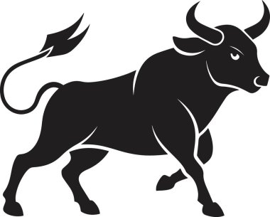 Kavisli boynuzları ve kuyruğu olan siyah bir boğa silueti.