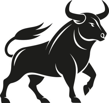 Çarpıcı bir siyah siluet, büyük boynuzları olan güçlü bir boğanın.