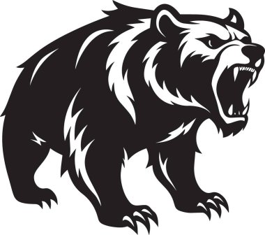 Kükreyen bir ayının dişlerini gösteren vahşi siyah beyaz bir tasviri.