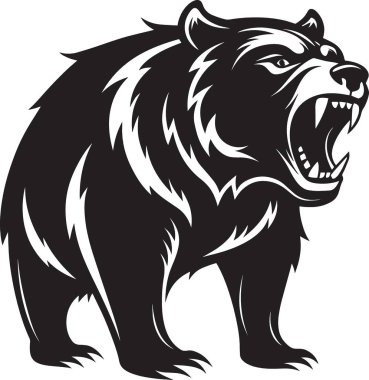 Görünür dişleri olan kükreyen bir boz ayının vahşi siyah ve beyaz çizimi.