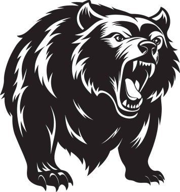 Ağzı açık bir boz ayının vahşi siyah-beyaz çizimi.