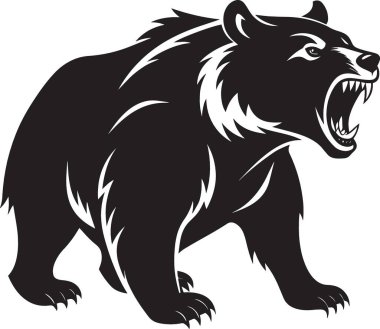 Kükreyen bir boz ayının dinamik bir duruş içinde vahşi bir siyah beyaz çizimi.