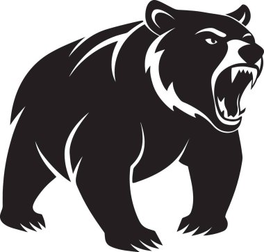 Keskin dişleri olan kükreyen bir boz ayının vahşi siyah beyaz bir örneği.