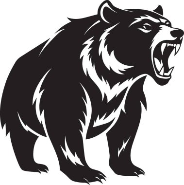 Şiddetli bir siyah ayı güçlü dişlerini ve kas yapısını bir grafikte sergiliyor.