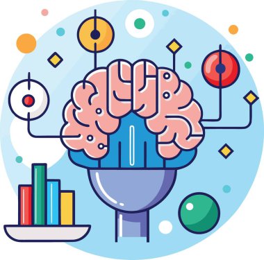 Veri ve analitik elementlere bağlı bir insan beynini tasvir eden biçimlendirilmiş bir illüstrasyon