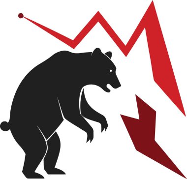 Düşen kırmızı borsa grafiklerinin altında bir ayı silueti