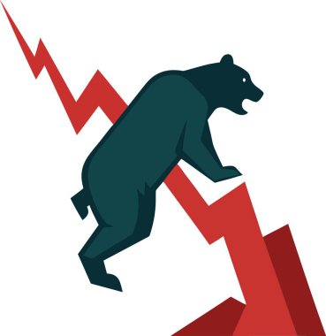 Piyasa çöküşünü simgeleyen kırmızı çizgi grafiğine sıkıca tutunan bir ayı.