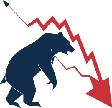 Bir ayı silueti, azalan kırmızı çizginin altında yürürken piyasa düşüşünü sembolize eder